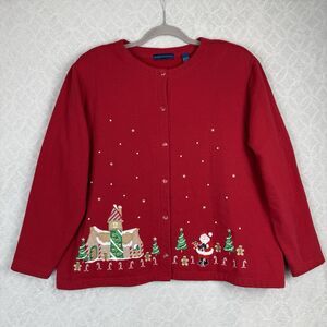 Vtg Christmas Cardigan Jacket Womens 1X Red Embroidery Santa Holiday Grandmacore